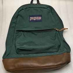Vintage Jansport Backpack Made In USA Leather Bottom Dark Green 90s