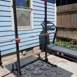 Home Gym / Squat Rack, Weights, Barbell  And Bowflex 5.1S Adjustable Bench 
