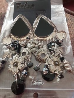 Vintage, 70's Pair Sterling Silver and Onyx Tabra earrings.