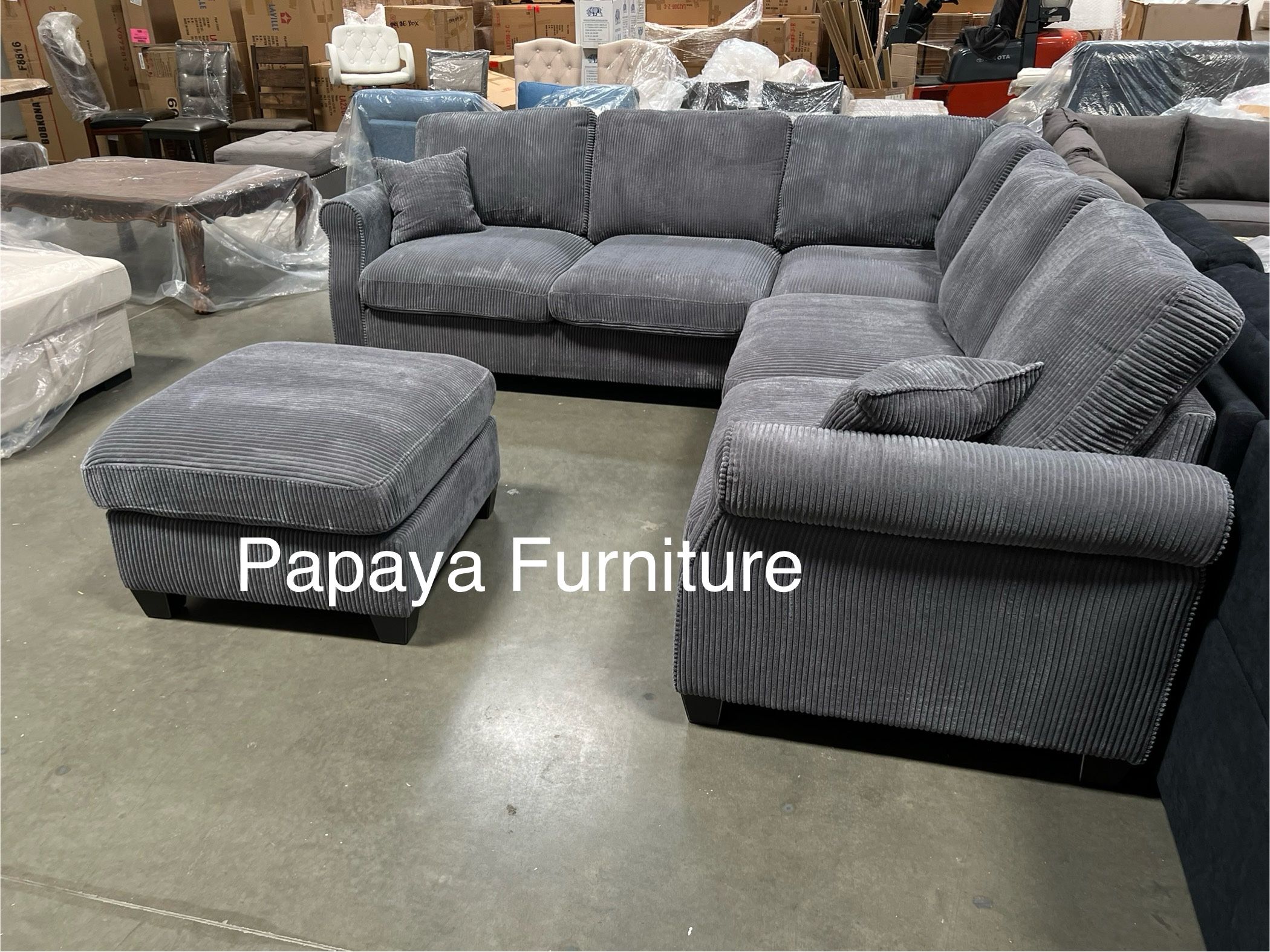New! Comfy Plush Sectional Couch, Sectional And Ottoman, Grey Sofa, Gray Couch, Corduroy Sectional, L-Shaped Sofa, Living Room Sofa Set, Plush Couch