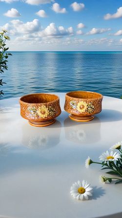 Two Vintage Pedestal Planter Bowls Brown Ceramic Yellow Sunflower Mid-Century