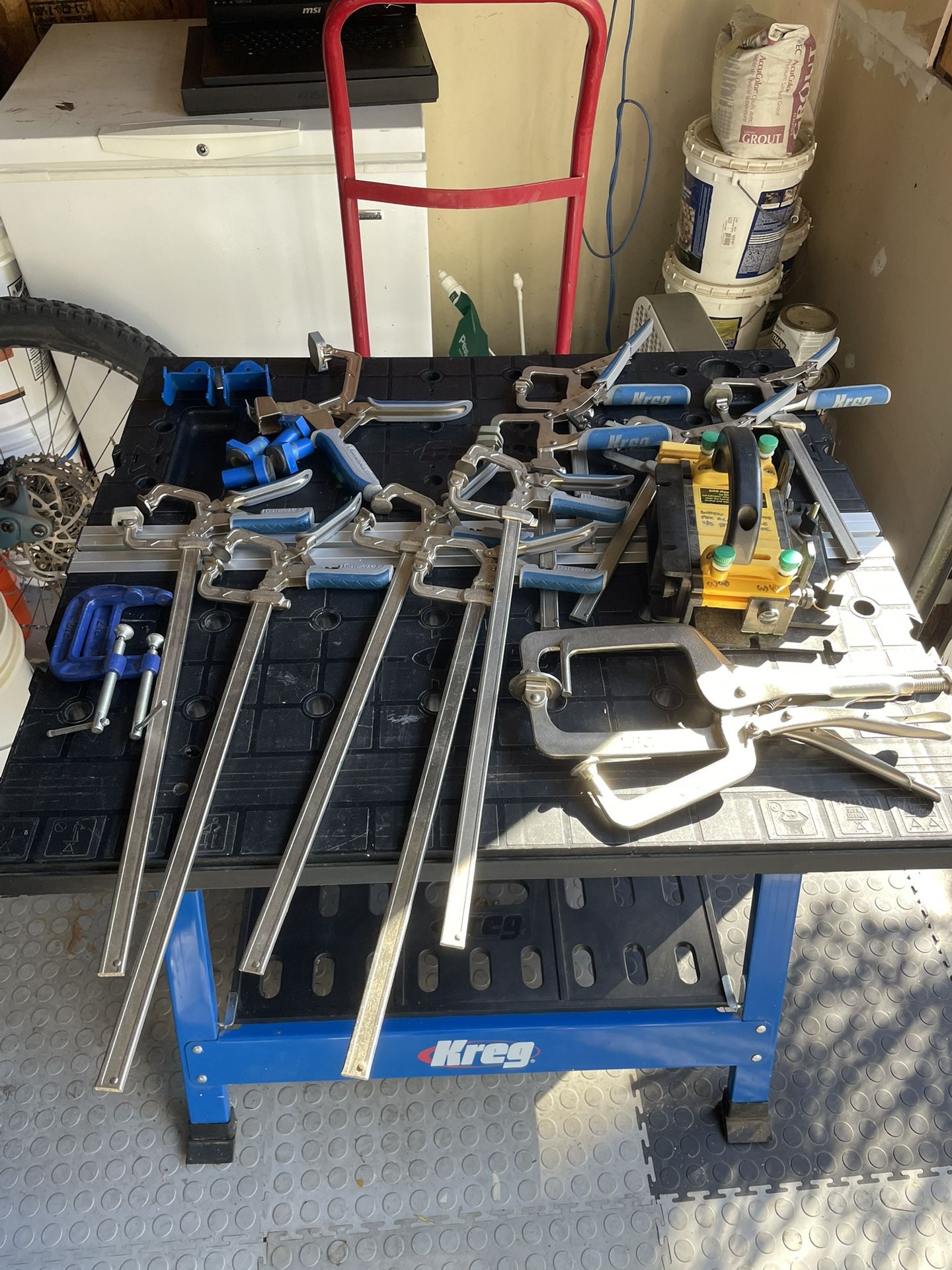 Wood shop tools, clamps, and Kreg Table
