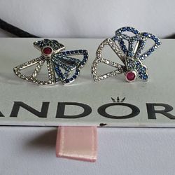 Pandora Authentic Brand New Sparkling Large Blue And Pink Fan Statement Adjustable Length Stud Earrings 