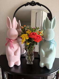 16 in Flocked Bunny, Floral Flocked Bunny, Easter Decor, Bunny Wreath Attachment, Centerpiece, Bunny Holiday Decor, Pastel Bunny with Bow