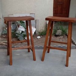 Pair Of Solid Wood Bar Stools - Medium Toned 
