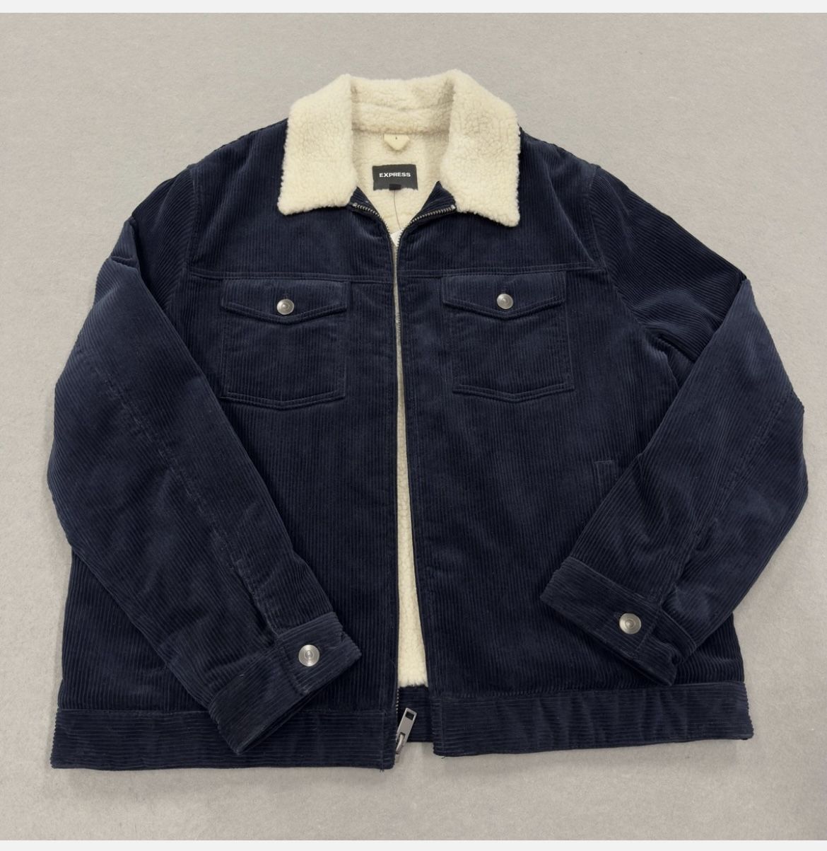Express Jacket Mens Navy Blue Corduroy Sherpa Fleece Lined Trucker Zip Snap