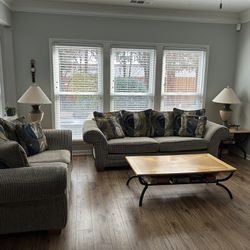 Full Living Room Set Including Sleeper Sofa, Love Seat, Coffee Table 2 End Tables And Two Lamps