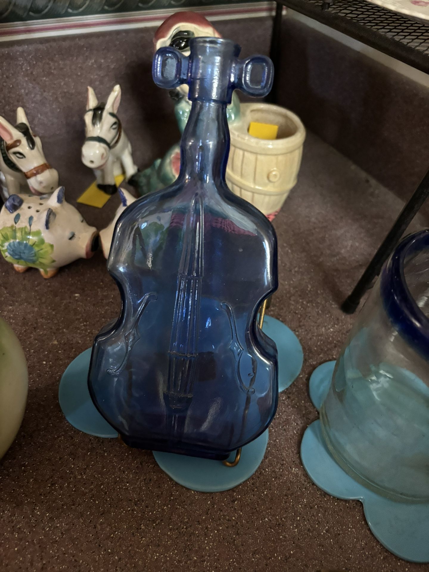 8” Violin Shaped Blue Glass Vintage Bottle 