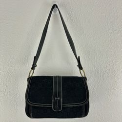 LIZ CLAIBORNE Vintage 90s Black Faux Leather Fabric Flap Over Shoulder Bag Purse