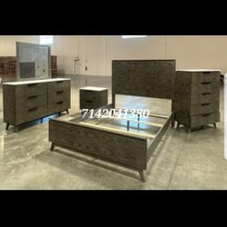 Wooden 4pc Bedroom Set (Queen Bed, Dresser , Mirror And Nightstand) Chest Sold Separately 