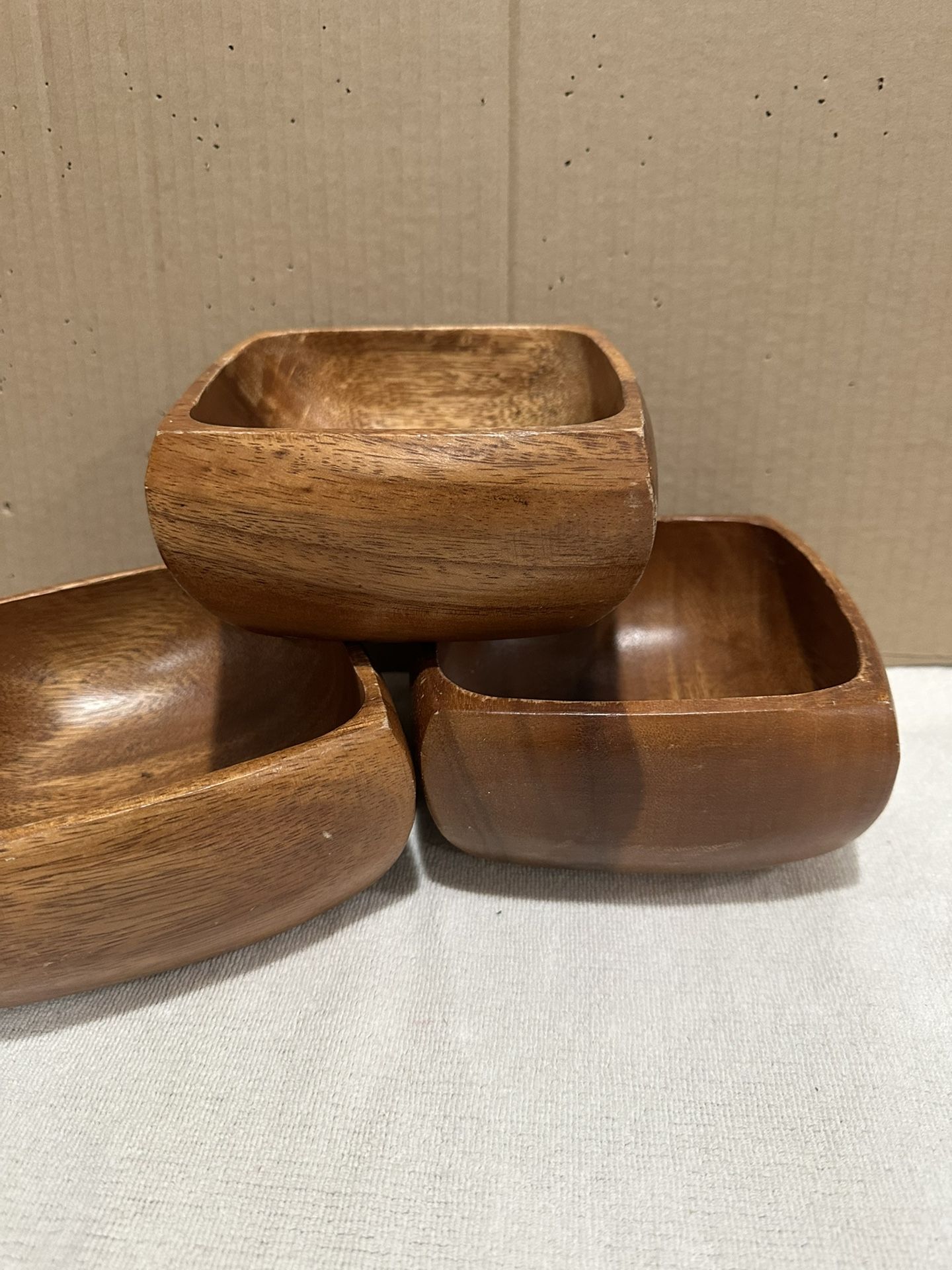 Mid Century Square Danish Style Solid Wooden Salad, Bowls set Of 3