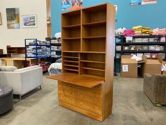HUNDEVAD Danish Teak 8 Drawer Double Bookcase with Locking Drop Leaf Shelf and Key