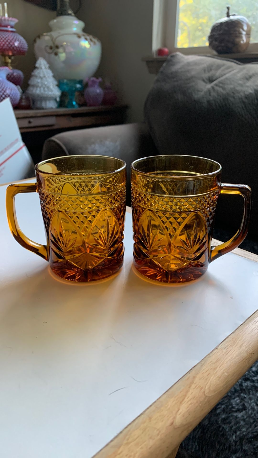 Cristal D'Arques-Durand ANTIQUE AMBER, Set of 2 Vintage Mugs, 3 7/8” 8oz FRANCE