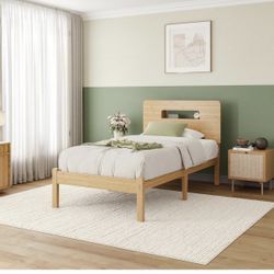 Brand New ZIYOO Solid Bamboo Wood Bed Frame Twin with Storage Headboard, 14 inch Platform Bed Frame Twin Size No Box Spring Needed with Steel Slats, S