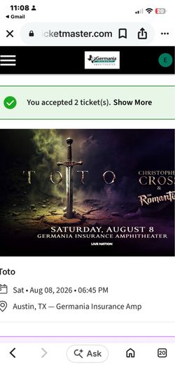 Toto /2tickets $60 for both August  8 Saturday  Germania amphitheater in Austin, Texas