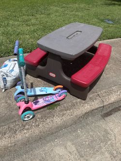 Picnic bench and scooters