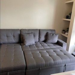 GRAY Linen Sectional Sofa W/storage Chaise And Pullout Bed