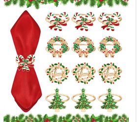 Christmas Napkin Rings Set Of 12 - Tree, Elk, Garland, Cane Gold Holder - Xmas Metal Round Serviette Buckle For Party Favors, Thanksgiving Table Dinne
