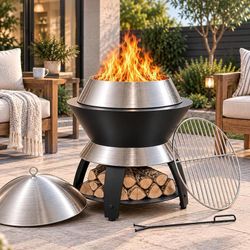 20 Inch Smokeless Firepit, 2 in 1 Stainless Steel Potable Fire Pits Outdoor Fire Pit with Waterproof Lid, Removable Ash Pan, Handbag for Outside Wood