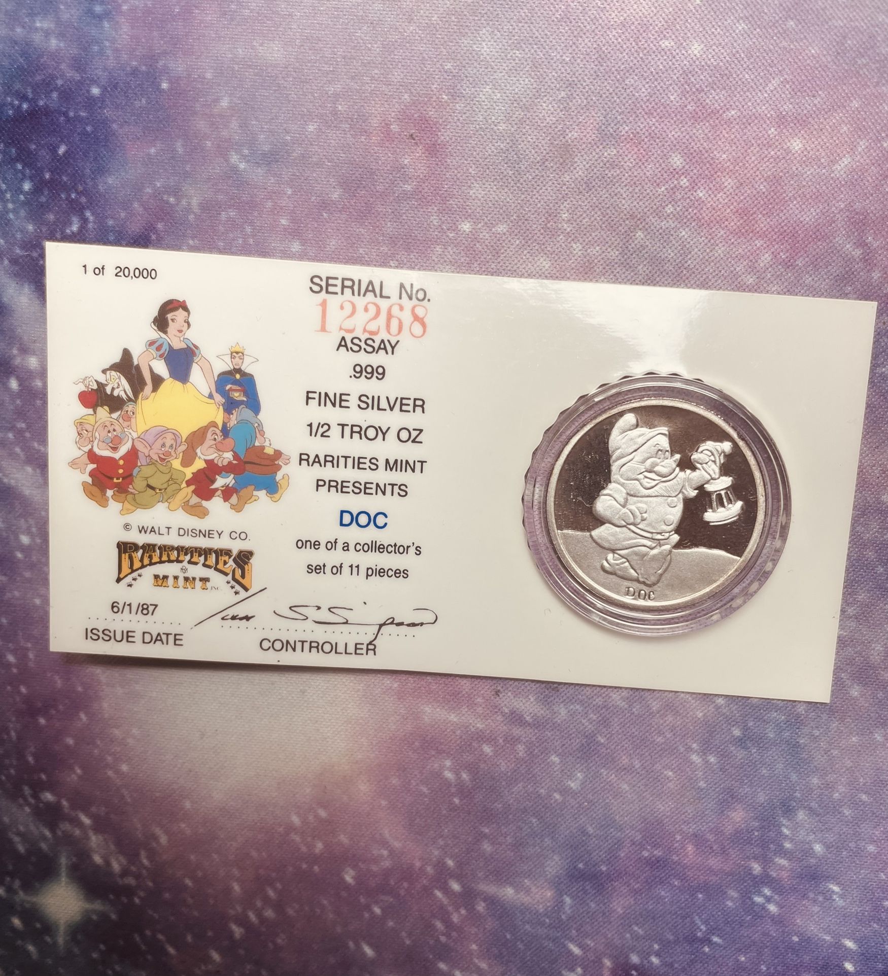 1987 SNOW WHITE DOC 1/2 oz (.999) Silver Walt Disney's 50th Anniversary