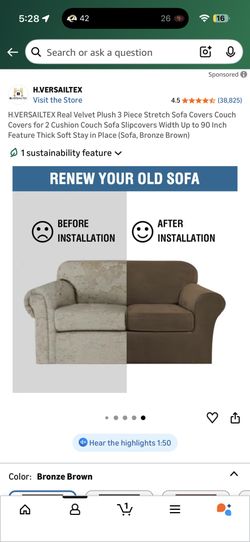 H.VERSAILTEX Real Velvet Plush 3 Piece Stretch Sofa Covers Couch Covers for 2 Cushion Couch Sofa Slipcovers Width Up to 90 Inch Feature Thick Soft Sta