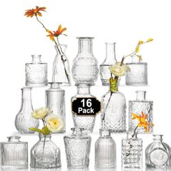 16Pcs Glass Bud Vase Set,Small Flower Vase for Centerpieces,Clear Bud Vases in Bulk, Mini Vintage Vase for Rustic Wedding Decorations