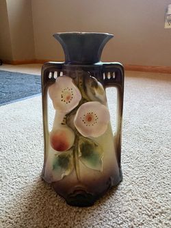 Vintage Art Pottery Floral & Fruit Double Handle Vase