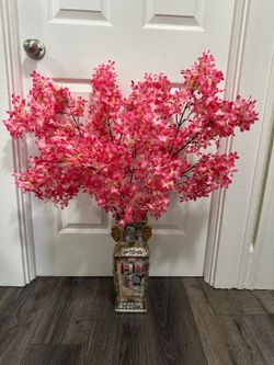 Vintage Asian Famille Rose Square Vase with Pink Cherry Blossoms