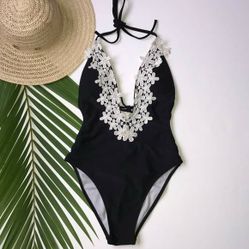 Black onepiece deep V halter bathingsuit swimsuit Size Xs