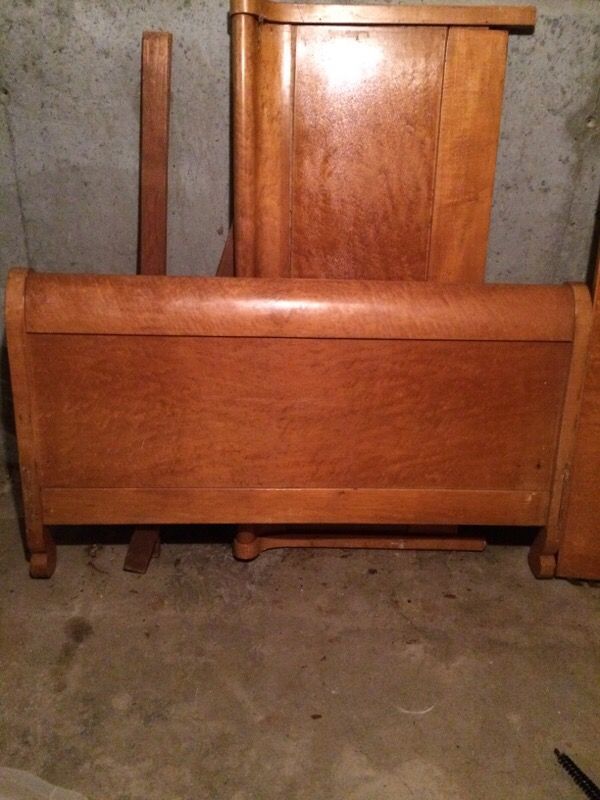 Antique birds eye maple sleigh bed