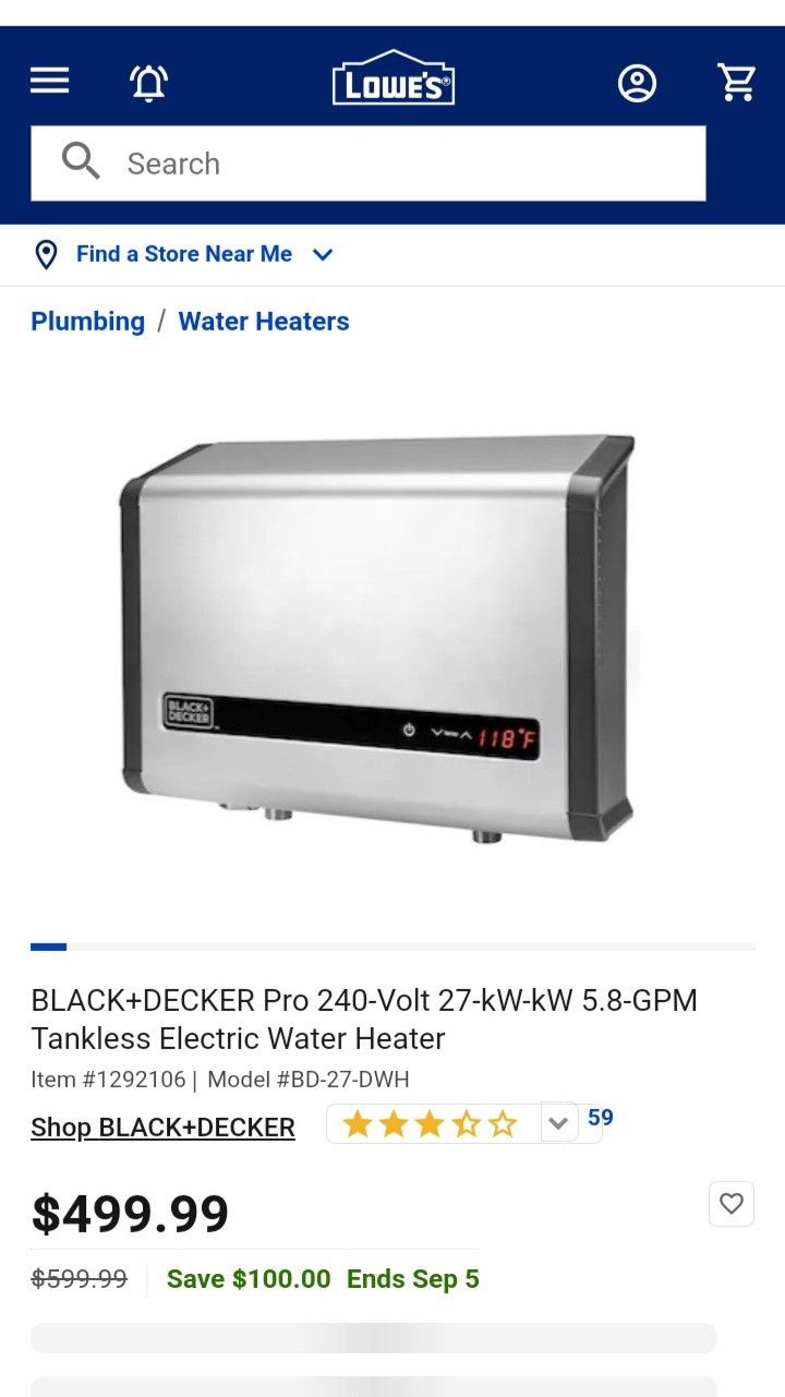 Black * Decker Tankless Water Heater New