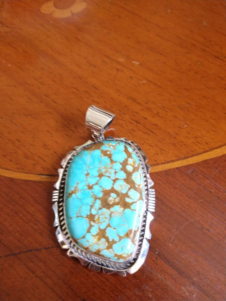 Vintage Estate Artist Signed Elaine Sam Navajo Sterling Silver Pendant Set With Large Oval Kingman Mine Turquoise Stone! 3" H x 2" W!