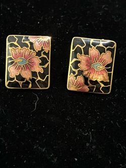 Vintage Cloissone Earrings Black Gold Pink Flower