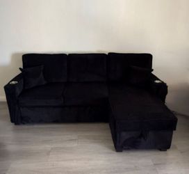 2-pc sectional sofa with pull-out bed & storage black corduroy