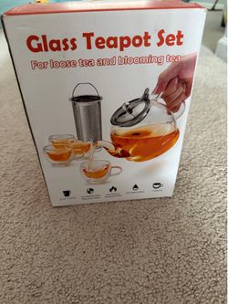 Tea Pot Set – 1200ml Glass Teapot with Removable Stainless Steel Infuser, and 4 Glass Teacups, Stovetop Safe Tea Kettle Gift Set, Blooming and Loose L