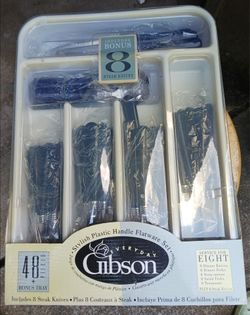NEW GIBSON 48-PC EVERYDAY FLATWARE SET SERVICE FOR 8 PLUS A BONUS TRAY & 8 EXTRA STEAK KNIVES=56 PCS