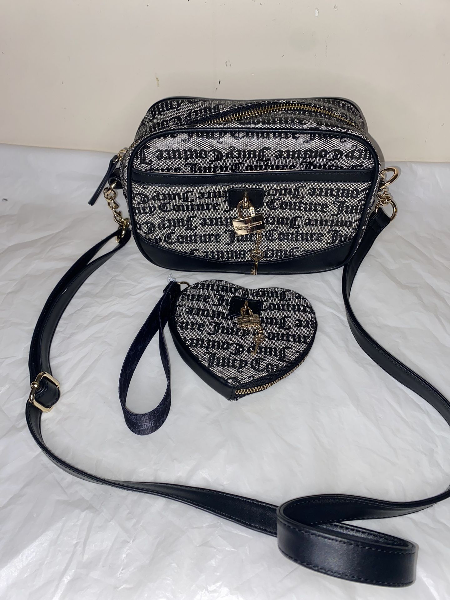 Juicy Couture Black Eastside Westside Crossbody Bag &Heart wristlet locket Black