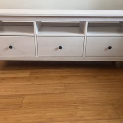 White stained Ikea TV stand with drawers in solid wood.