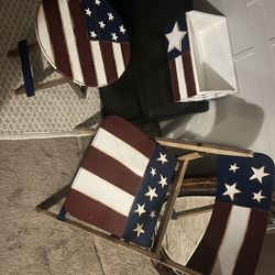 American flag print painted wood chair, table, and magazine holder type box