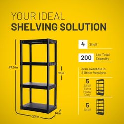TWO, NEW Plano 4-Shelf Plastic Storage Shelves, 48” x 23” x 14”, 200lb Capacity