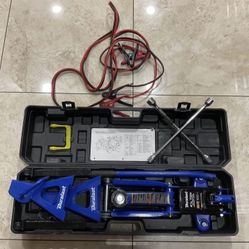 Duralast 2 1/2T trolley jack, stand kit, cross lug wrench, and jumper cables 