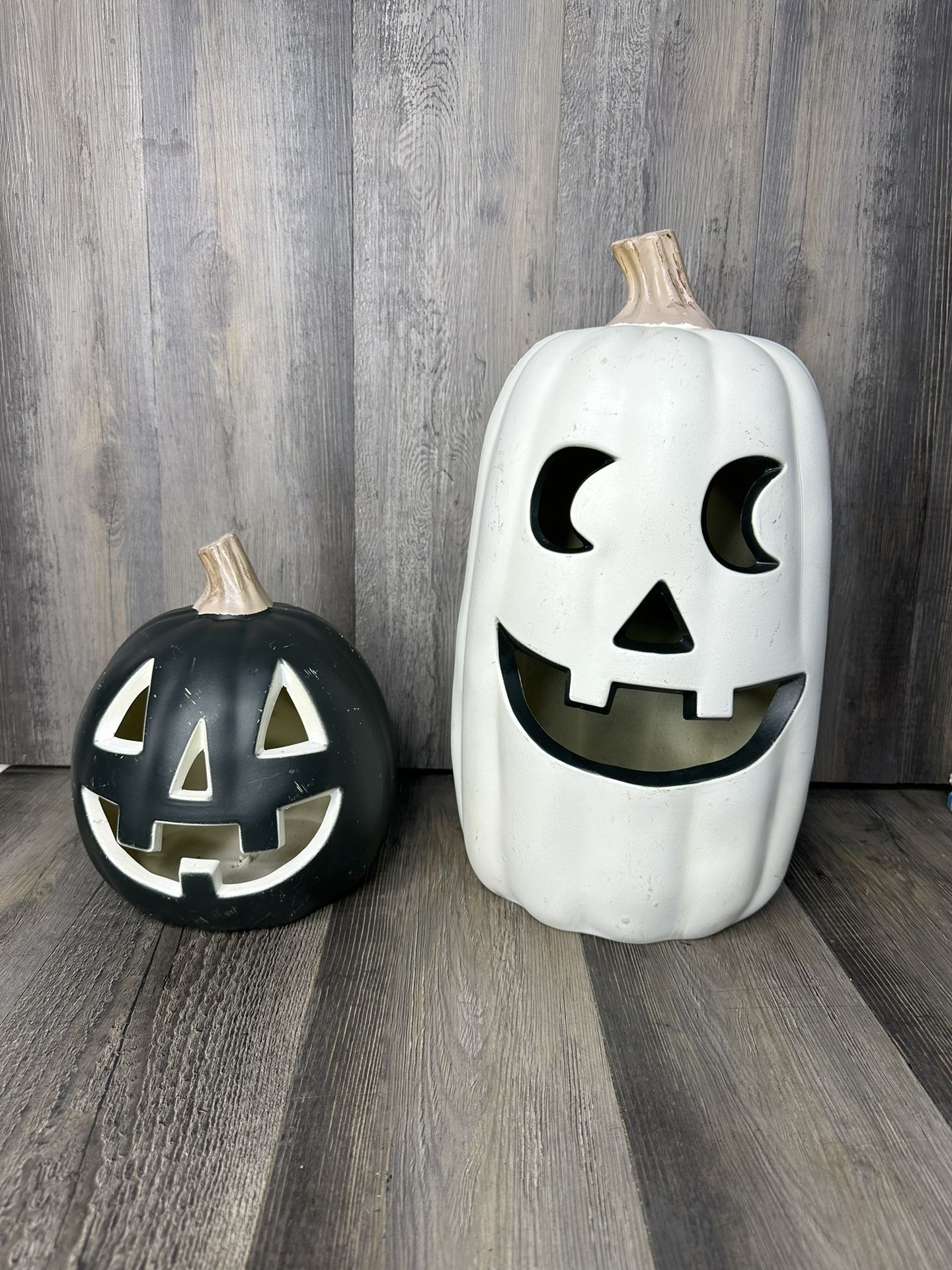 Vintage Halloween Blow Mold Pumpkin Jack O Lantern Black White 16” & 9” Lighted
