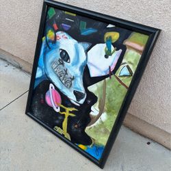 Original abstract surrealist painting featuring a striking blue animal figure, 22 x 26“