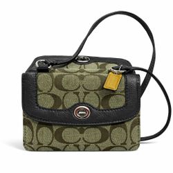 Coach Mini Crossbody Bag Khaki Signature Canvas Brown Leather Strap Small Purse