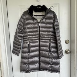 Andrew Marc Womens Silver Long Sleeve Hooded Puffer Jacket Coat Size Medium