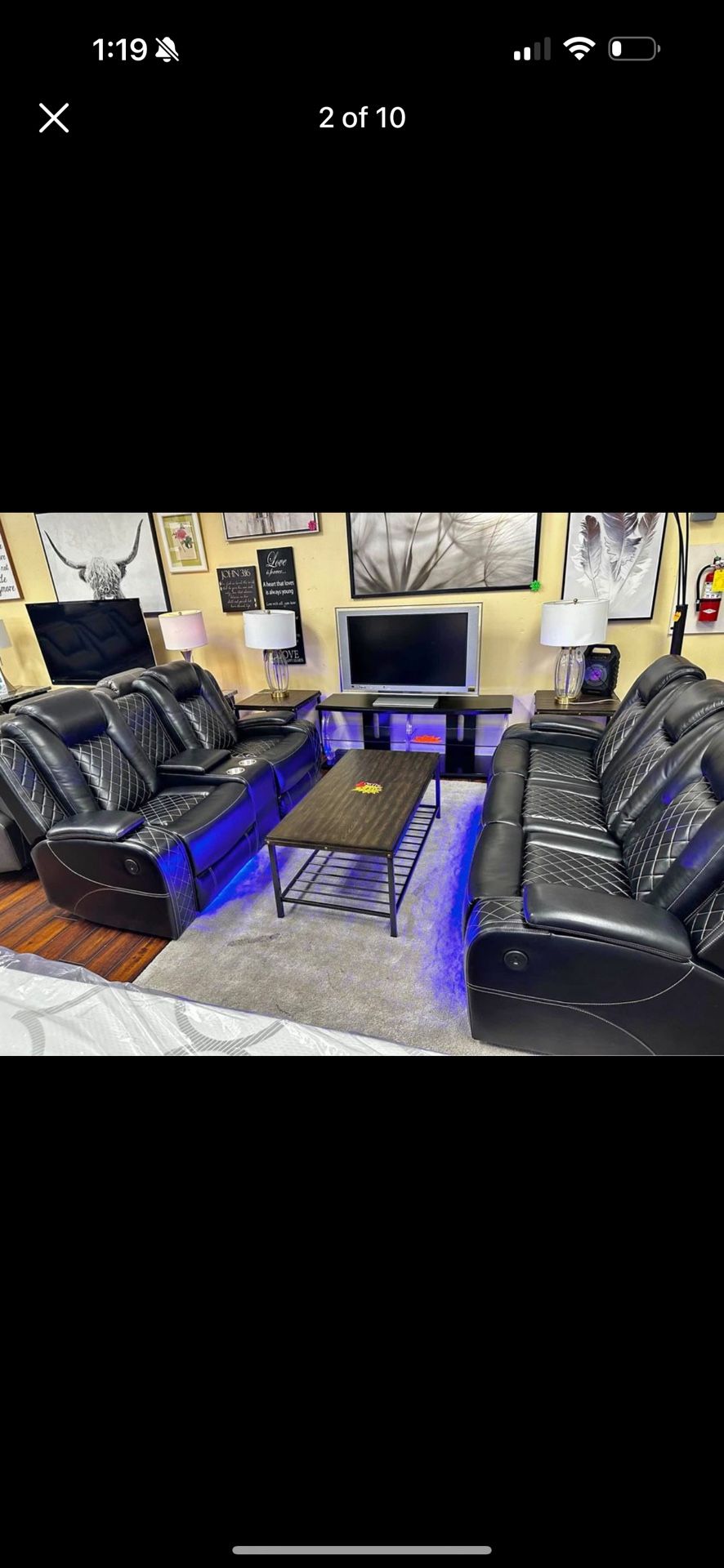 Power Electric Black Leather Fully Reclining Couch Set