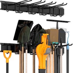 Garage Tool Storage Rack, Heavy Duty Garage Storage Organizer Rack System Wall Mounted Tool with 6 double hooks, 2 rails, Garden Yard Tools@Z6-982
