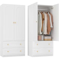 71 Wooden Wardrobe Closet with 2 Doors, 2 Drawers, and Removable Hanging Rod