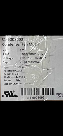 YORK S1-(contact info removed) 1/2 HP 1090 RPM 208-230 VOLT 1 PHASE CONDENSER FAN MOTOR