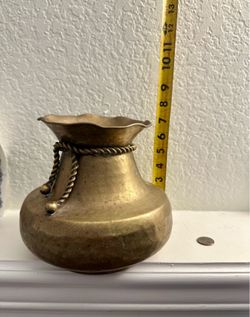 Vintage Hammered Brass Vase with Ruffled Rim & Rope Detail